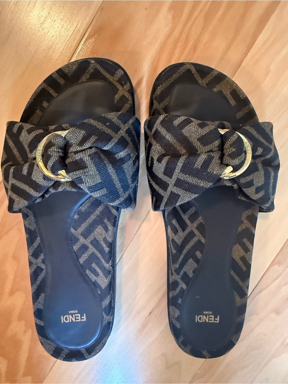 Fendi Navy and Tan FF Logo Knot Slide Sandals with Gold Ring